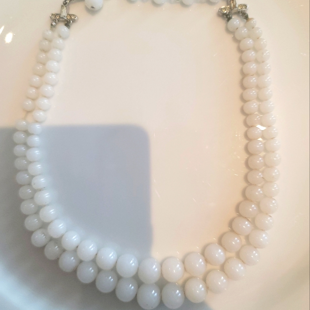 Vintage 1920s white jade double strand with diamond accents child size neckless